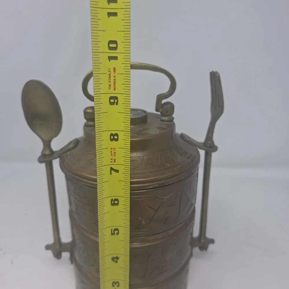 Vintage Brass Tiffin Stacking Food Boxes With Fork And Spoon Screw in Handle